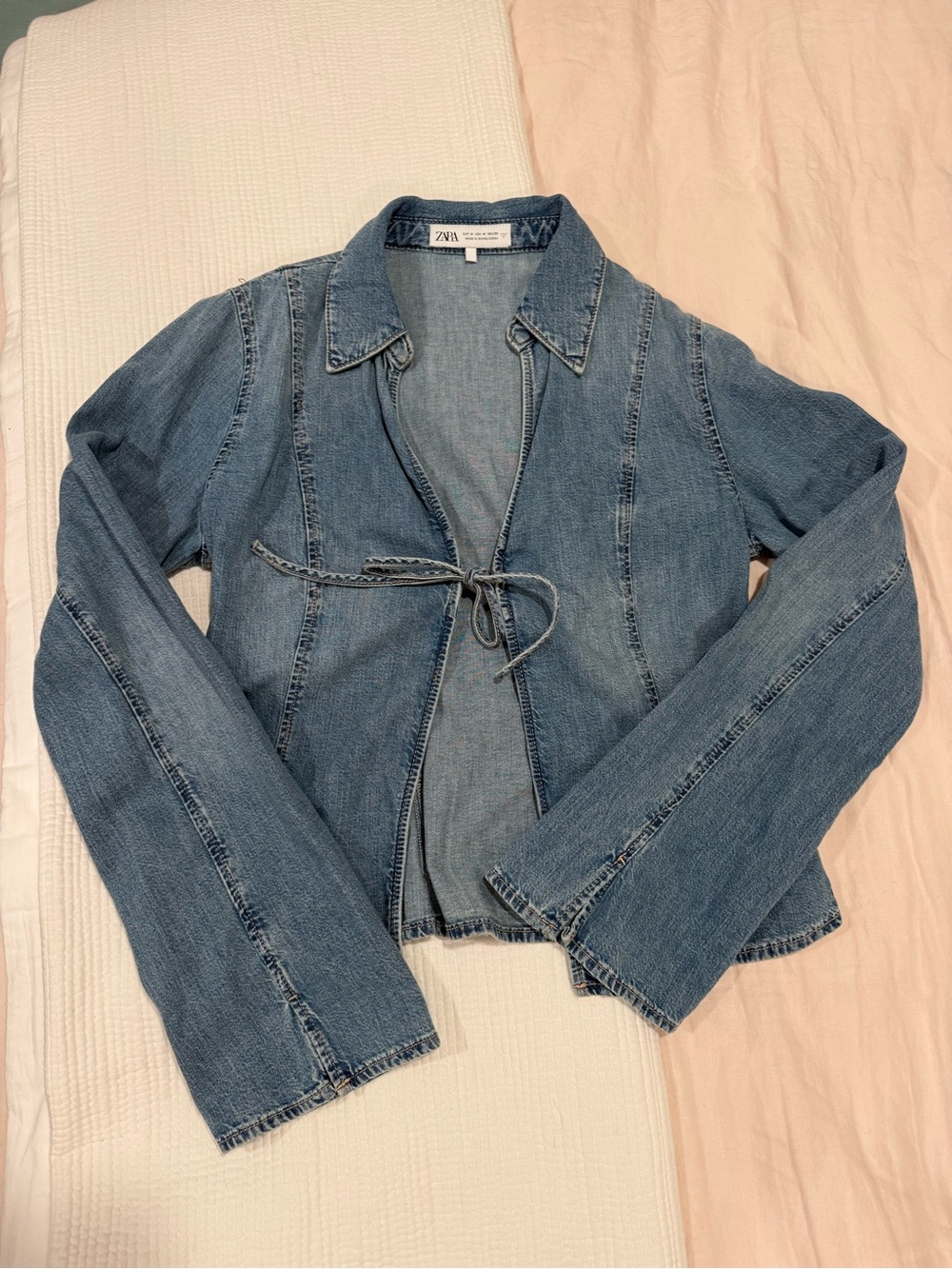 Zara Medium Blue Denim Tie-Waist Jacket